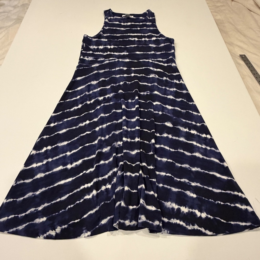 Athleta Santorini Thera Printed Dress Navy White Tie Dye Stripe Midi Medium